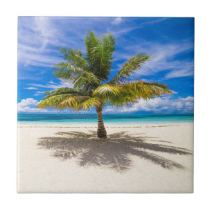 Palm on White Sand Beach Ceramic Tile