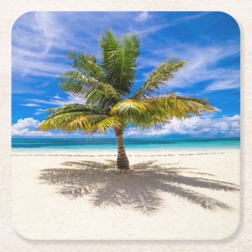 Palm on White Sand Beach Square Paper Coaster