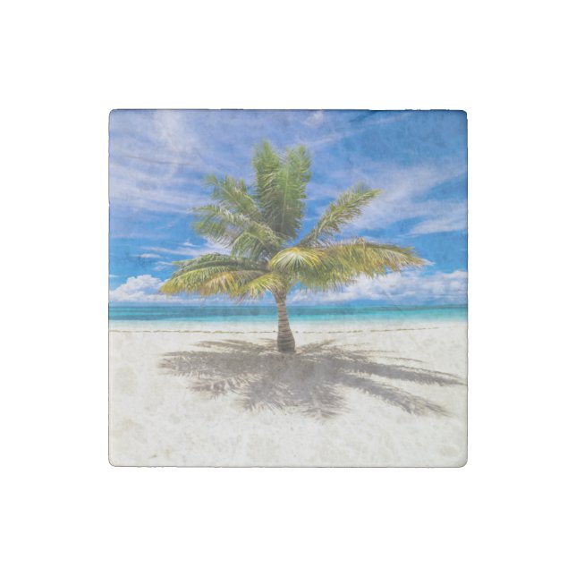 Palm on White Sand Beach Stone Magnet (Front)