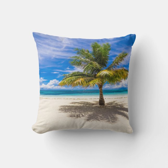 Palm on White Sand Beach Throw Pillow (Front)