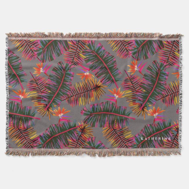 Palm Paradise Grey Throw Blanket (Front)