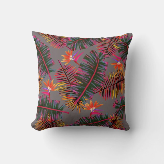 Palm Paradise Grey Throw Pillow (Front)