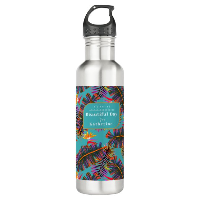 Palm Paradise Teal Stainless Steel Water Bottle (Front)