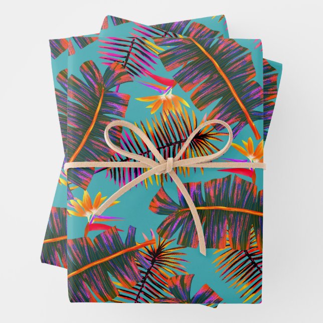 Palm Paradise Teal Wrapping Paper Sheets (In situ)