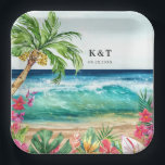 Palm Paradise Tropical Beach Wedding, Shower, Luau Paper Plates<br><div class="desc">Beautiful Palm Paradise Tropical Beach wedding, shower and anniversary paper plates feature an exotic & eye-catching design with palm trees, turquoise ocean waves, sandy beach and tropical hibiscus and flamingo flowers. These paper plates with personalized initials and celebration date are perfect for a destination, tropical & beach themed wedding, reception,...</div>