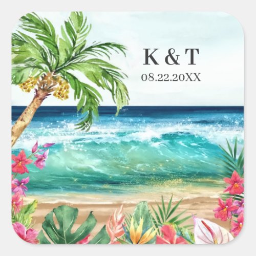 Palm Paradise Tropical Beach Wedding  Shower Square Sticker