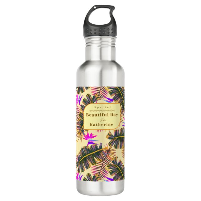 Palm Paradise Yellow Stainless Steel Water Bottle (Front)