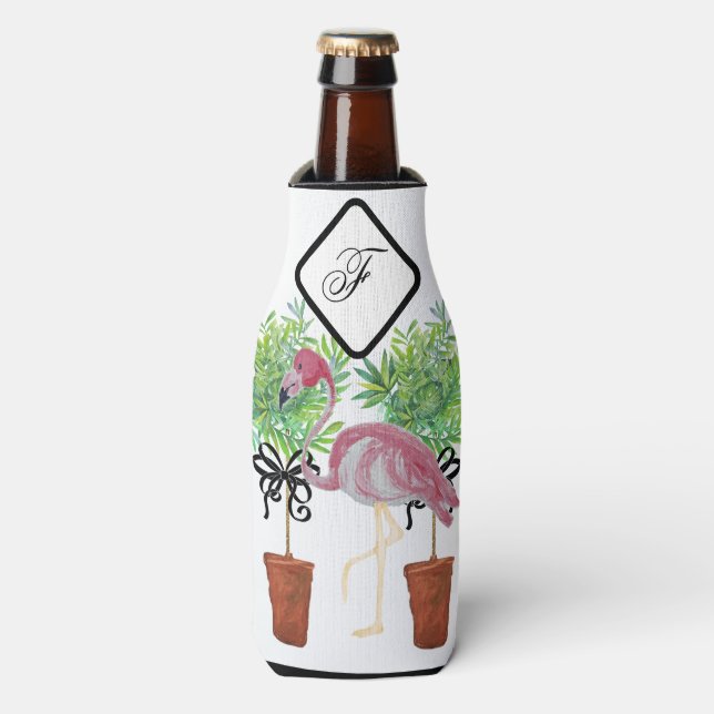 Palm Pink Flamingo Flamingos Can Bottle Cooler (Bottle Front)