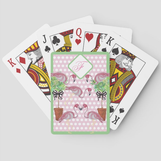 Palm Pink Flamingo Flamingos Green Poker Cards (Back)