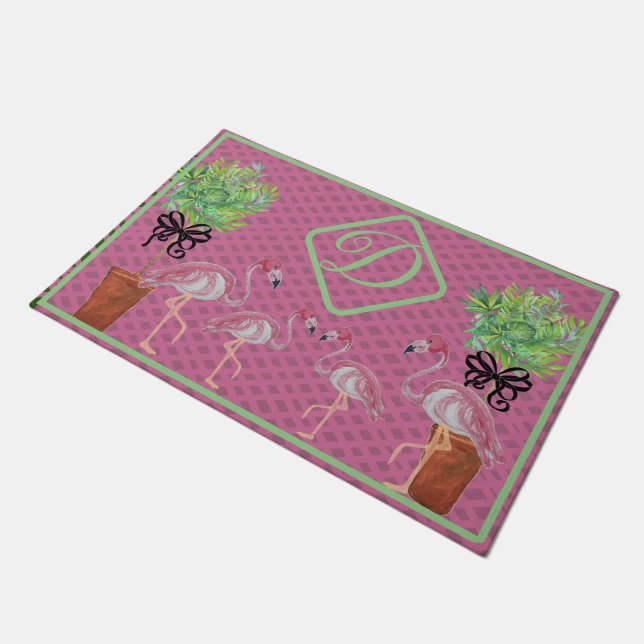 Palm Pink Flamingo Flamingos Terra Cotta Pots  Doormat (Angled)