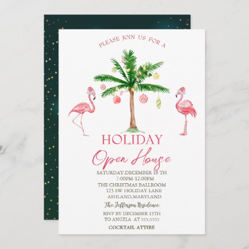 Palm Pink Flamingos Holiday Open House  Invitation