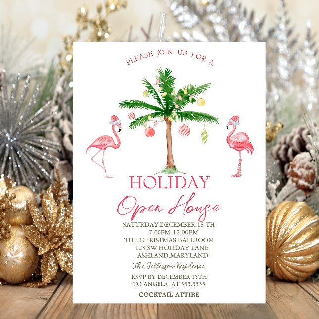 Palm Pink Flamingos Holiday Open House  Invitation (Creator Uploaded)