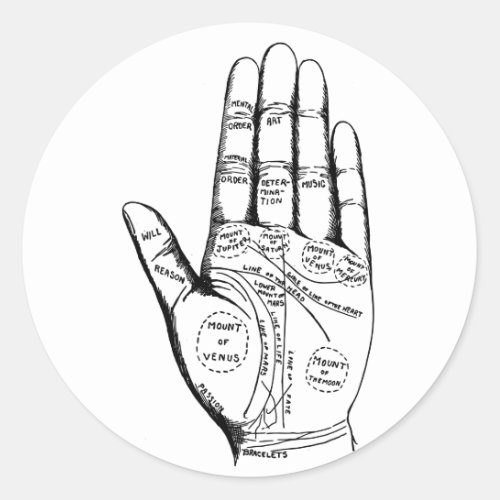 Palm Reading Chart Palmistry fortune teller future Classic Round Sticker