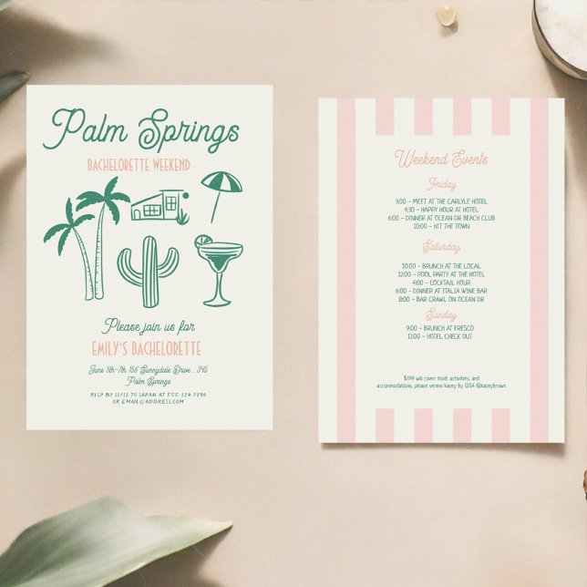 Palm Spring Green Pink Hand drawn Wedding  Invitation (Creator Uploaded)