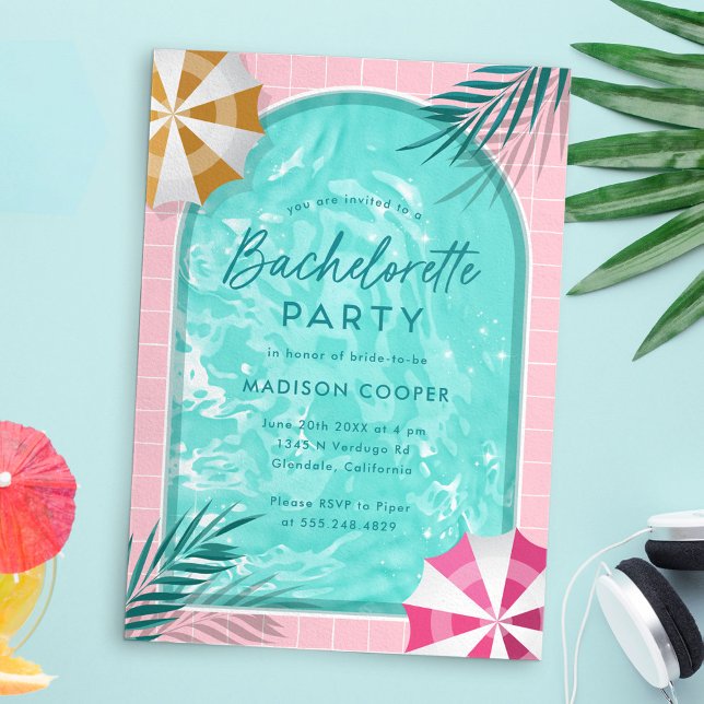 Palm Springs Bachelorette Pool Party Pink Invitation (Palm Springs bachelorette pool party invitation template)
