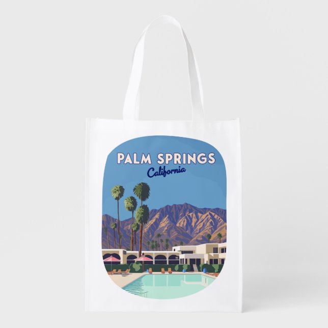 Palm Springs California Pool Hotel Trees Retro Grocery Bag (Front)