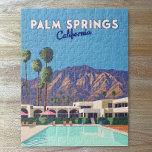 Palm Springs California Pool Hotel Trees Retro Jigsaw Puzzle<br><div class="desc">Display a cool,  mid-century modern hotel,  complete with pool and palm trees in Palm Springs in front of the San Jacinto Mountains of California.</div>