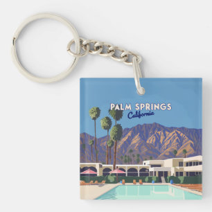 Palm Springs California Pool Hotel Trees Retro Keychain