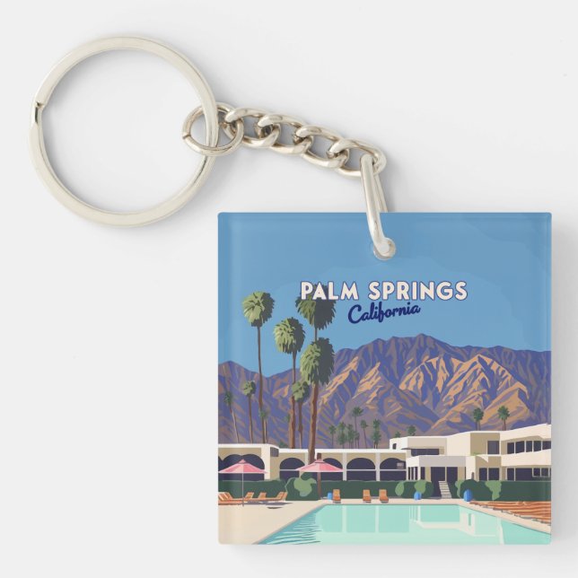 Palm Springs California Pool Hotel Trees Retro Keychain (Front)
