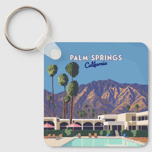 Palm Springs California Pool Hotel Trees Retro Keychain