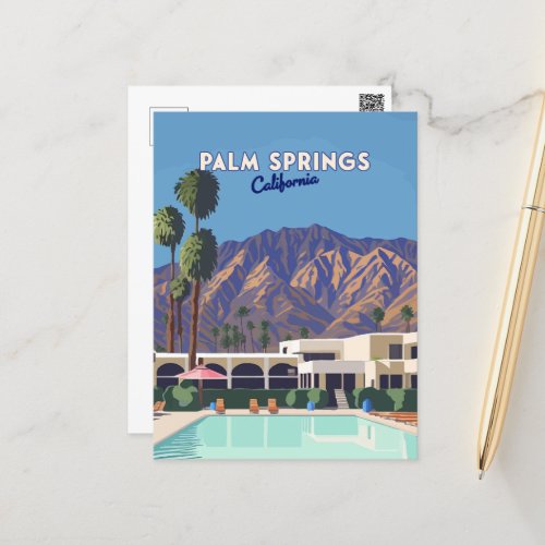 Palm Springs California Pool Hotel Trees Retro Postcard
