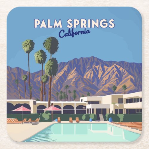 Palm Springs California Pool Hotel Trees Retro Square Paper Coaster