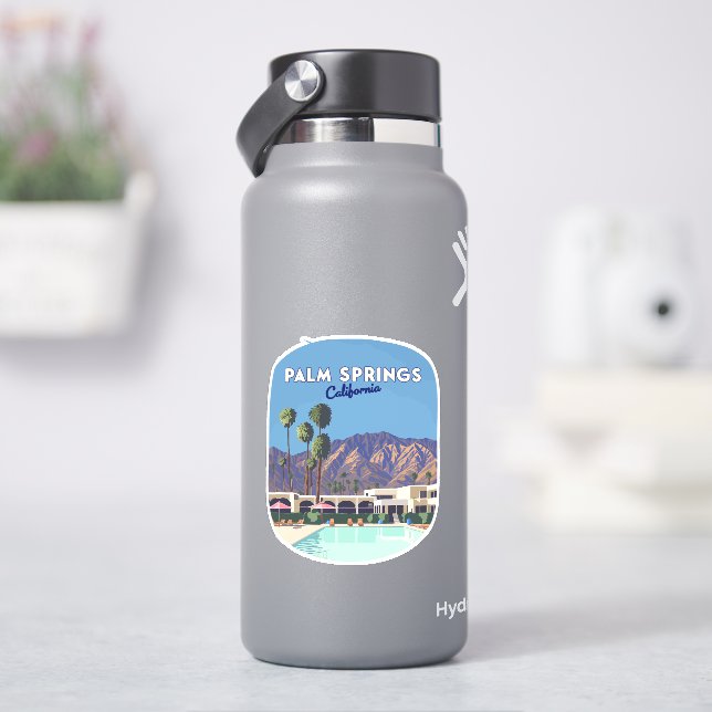 Palm Springs California Pool Hotel Trees Retro Sticker (HydroFlask)
