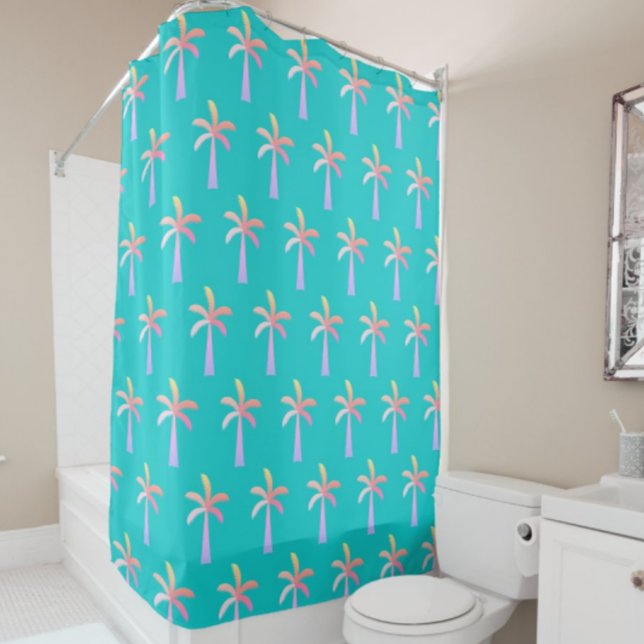  Palm Springs Caribbean Blue Tropical Palm Tree Shower Curtain (Colorful palm trees while you shower!)