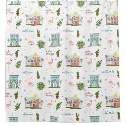 Palm Springs Pink House Cactus Flamingo Pattern Shower Curtain