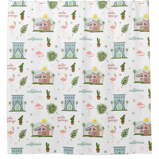 Palm Springs Pink House Cactus Flamingo Pattern Shower Curtain (Front)