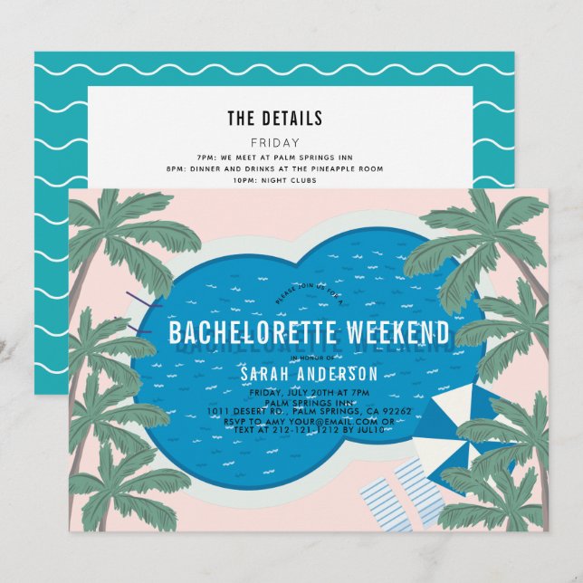 Palm Springs Pool Bachelorette Weekend Itinerary I Invitation (Front/Back)