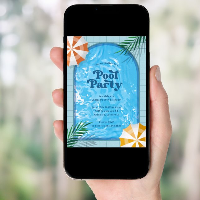 Palm Springs Pool Party Blue Adult Birthday Invitation (Front Digital)