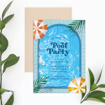 Palm Springs Pool Party Blue Adult Birthday Invitation<br><div class="desc">Throw a birthday party by the pool with this modern "palm springs" inspired pool party invitation. It features a blue patio tile and arch-shaped swimming pool with realistic, inviting water, palm leaves and umbrellas. The back of the card is blue but you can change this to any color. This invitation...</div>