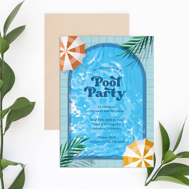 Palm Springs Pool Party Blue Adult Birthday Invitation (Palm Springs pool party invitation for adults.)