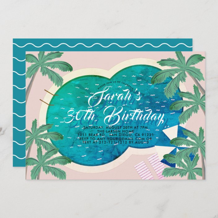 Palm Springs Pool Party Pink Adult Birthday Invitation 5167