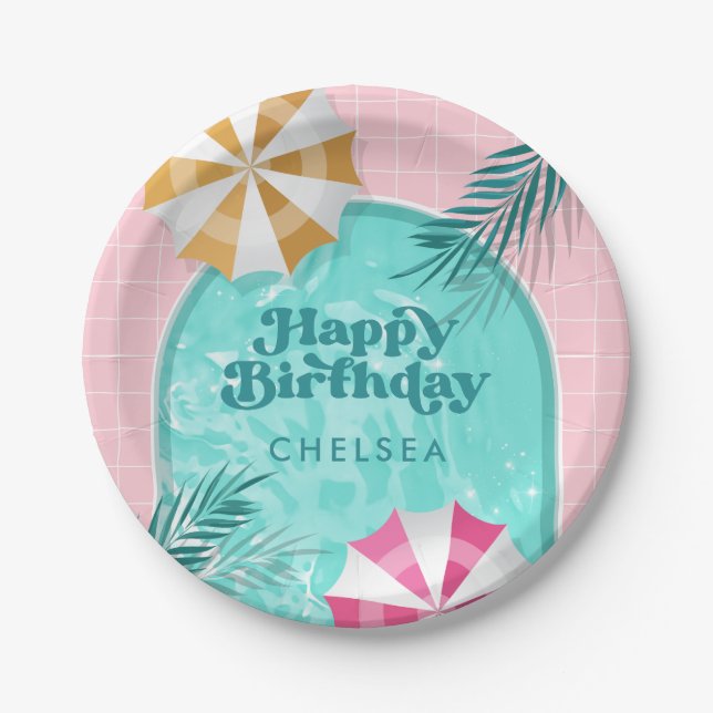 Palm Springs Pool Party Pink Adult Birthday Paper Plates (Front)