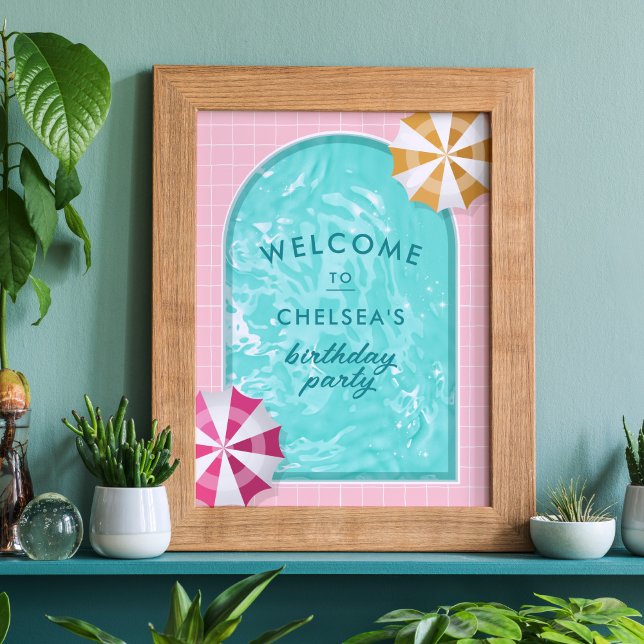 Palm Springs Pool Party Pink Adult Birthday Poster (pink palm springs pool party welcome sign)