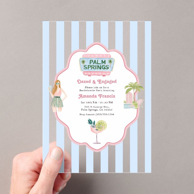 Palm Springs Retro Transparent Bachelorette Party Acrylic Invitations (Insitu (Handheld))