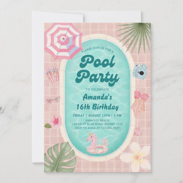 Palm Springs Summer Pool Party Birthday Invitation (Front)