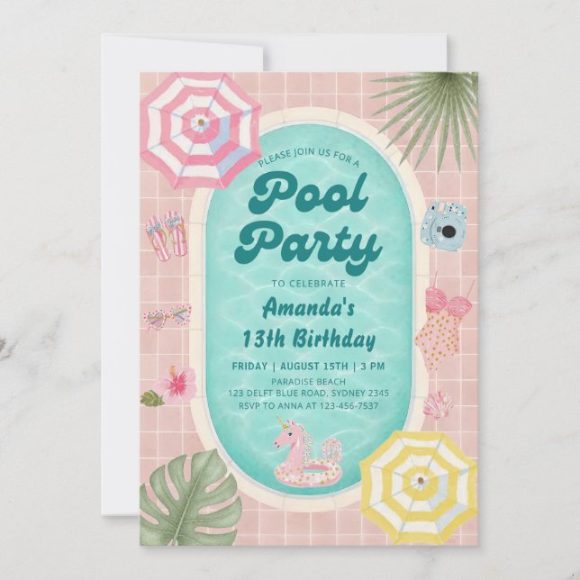 Palm Springs Summer Pool Party Birthday Invitation (Front)
