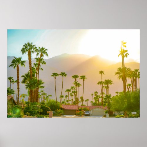 Palm Springs sunset day with mountains and palm tr Poster