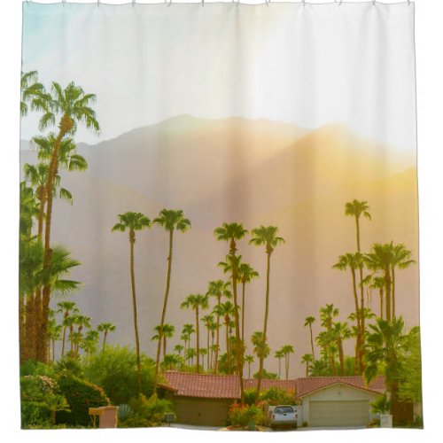 Palm Springs sunset day with mountains and palm tr Shower Curtain