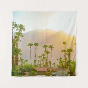 Palm Springs sunset day with mountains and palm tr Tapestry
