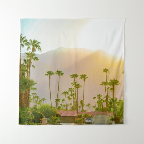 Palm Springs sunset day with mountains and palm tr Tapestry
