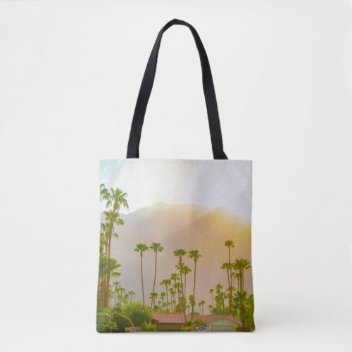 Palm Springs sunset day with mountains and palm tr Tote Bag