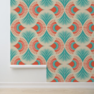 Palm Springs - Sunset Palms - Coral Red and Teal Wallpaper