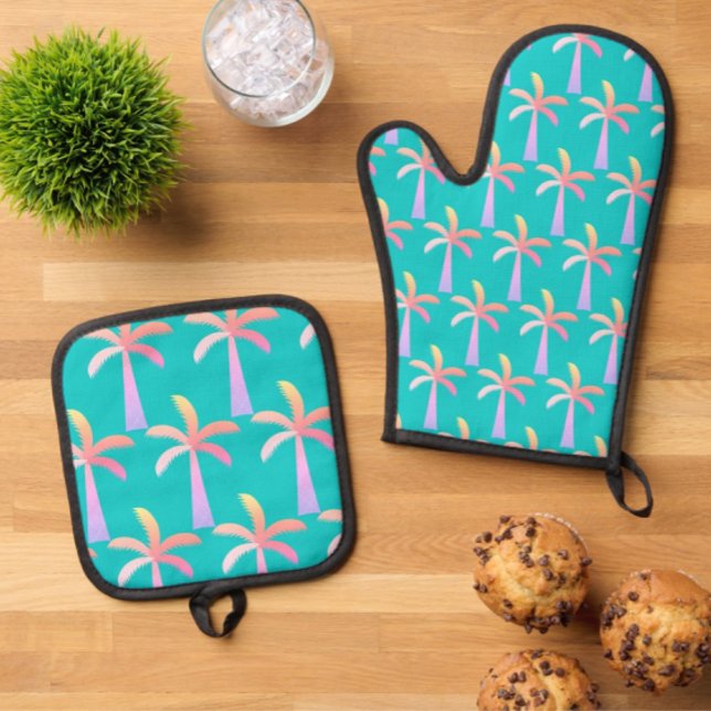  Palm Springs Turquoise Blue Tropical Palm Tree Oven Mitt & Pot Holder Set (Colorful palm tree kitchen supplies)