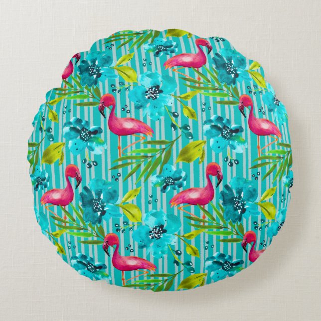 Palm Springs Yard&Garden Flamingo Teal Round Pillow (Front)