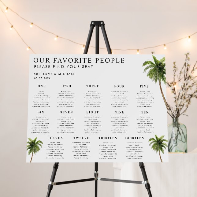 Palm Tree 14 Tables Wedding Seating Chart Sign (In Situ (Stand))