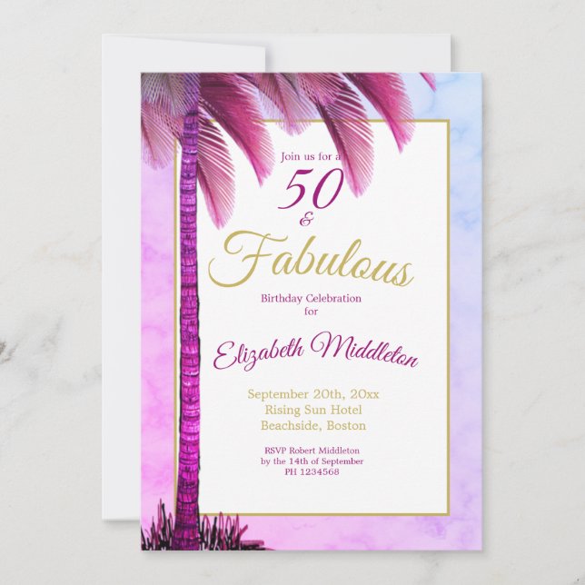 Palm Tree 50 and Fabulous Purple Modern Birthday Invitation (Front)